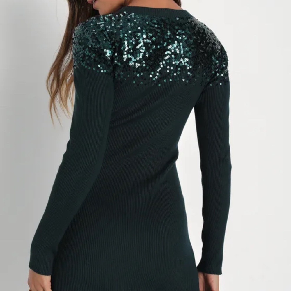 Lulus Snow Stopper Emerald Green Ribbed Sequin Mini Sweater Dress - Size L